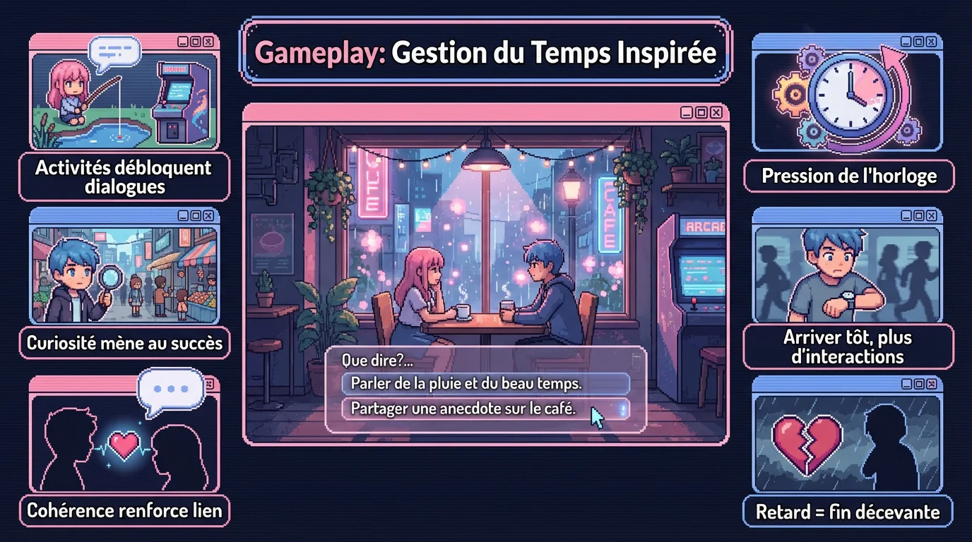 Interface du jeu Another Day With You illustrant la gestion du temps et les mini-jeux
