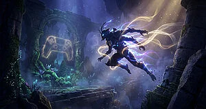 Glowing insect-like figure leaps through dark fantasy ruins with a floating console controller, symbolizing advanced gaming.