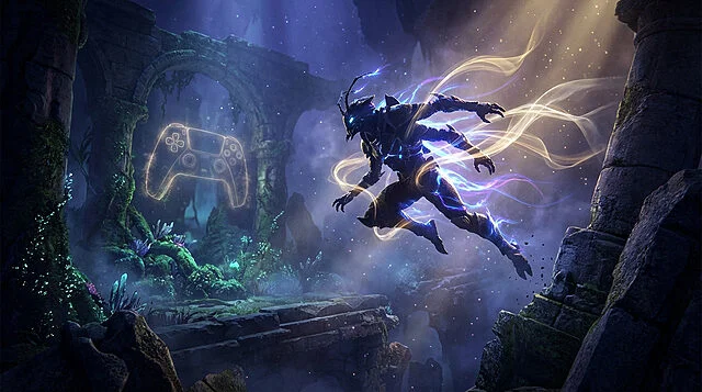 Gaming Evolution: Fluidity and Digital Power Glowing insect-like figure leaps through dark fantasy ruins with a floating console controller, symbolizing advanced gaming.