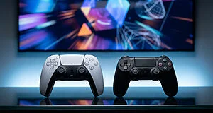 White PS5 DualSense and black PS4 DualShock 4 controllers on a reflective surface, with a blurred, vibrant game screen and blue light.