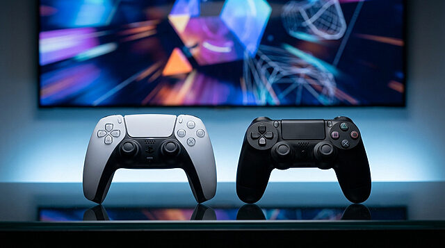 Gaming Generations: DualSense & DualShock Controllers White PS5 DualSense and black PS4 DualShock 4 controllers on a reflective surface, with a blurred, vibrant game screen and blue light.