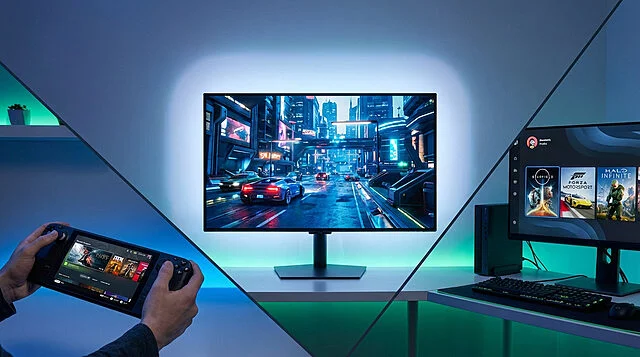 Gaming Xbox, portable et 1440p: une expérience complète Scène gaming triple, avec console portable, écran de jeu futuriste éclairé et moniteur Xbox Series avec Starfield.