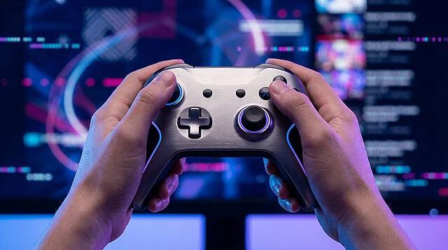 Promo PS Plus : Manette et immersion gaming Mains tenant une manette de jeu vidéo métallique. Fond flou avec lumières néon bleues et roses. Scène immersive de gaming.