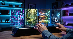 Hands interact with four holographic game worlds: neon city, fantasy forest, sports arena, sci-fi exploration, from a futuristic console.