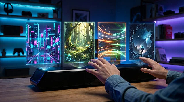 Gaming's New Horizon: Holographic Worlds Hands interact with four holographic game worlds: neon city, fantasy forest, sports arena, sci-fi exploration, from a futuristic console.