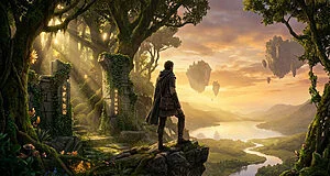 A person in fantasy attire stands on a cliff, gazing at a magical landscape with floating islands, a serene lake, and sunlit ruins.