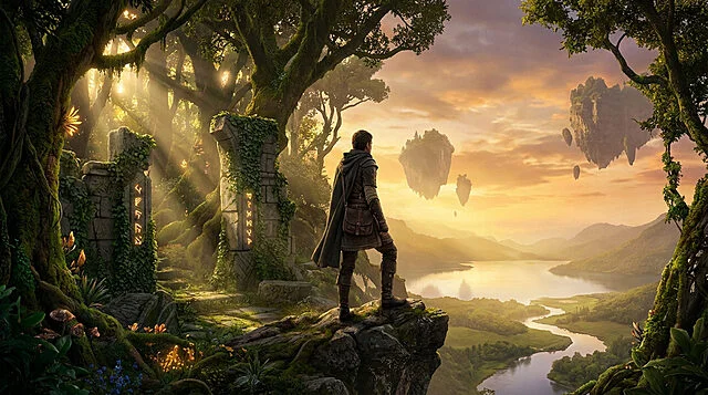 Golden Hour Fantasy Vista A person in fantasy attire stands on a cliff, gazing at a magical landscape with floating islands, a serene lake, and sunlit ruins.