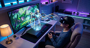 A gamer wearing a VR headset interacts with a glowing holographic character in a futuristic, neon-lit gaming room.