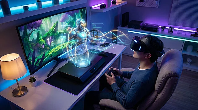 Holographic Gaming: Immersive Future Interaction A gamer wearing a VR headset interacts with a glowing holographic character in a futuristic, neon-lit gaming room.