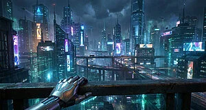 Une main cybernétique tient une balustrade, surplombant une ville cyberpunk sombre et pluvieuse, avec des gratte-ciel lumineux et des autoroutes aériennes.