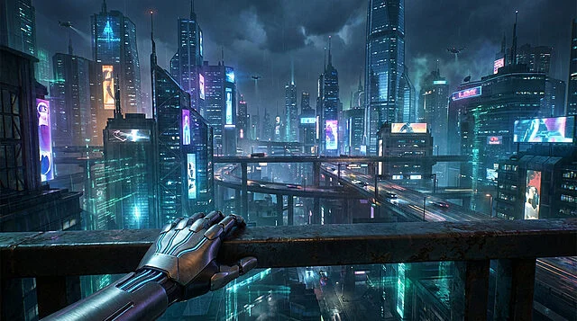 Vue immersive de Night City Une main cybernétique tient une balustrade, surplombant une ville cyberpunk sombre et pluvieuse, avec des gratte-ciel lumineux et des autoroutes aériennes.
