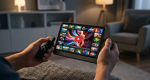 Hands hold a sleek portable console, its vibrant screen displaying a 4K video streaming UI with a red play button and colorful thumbnails. Modern living room setting.