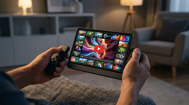 Immersive 4K Streaming on Next-Gen Portable Console Hands hold a sleek portable console, its vibrant screen displaying a 4K video streaming UI with a red play button and colorful thumbnails. Modern living room setting.