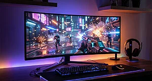 A modern PC gaming setup with a large curved monitor displaying an intense FPS scene, backlit keyboard, mouse, and headset, all with vibrant RGB lighting.