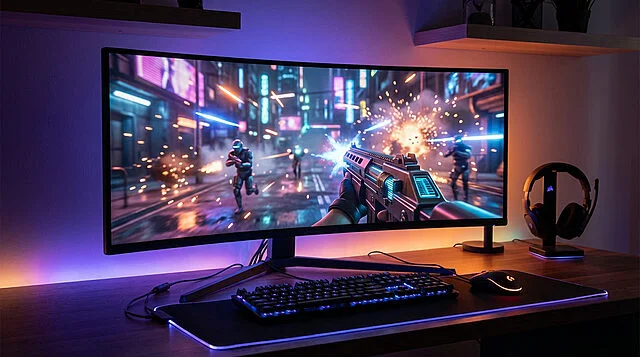 A modern PC gaming setup with a large curved monitor displaying an intense FPS scene, backlit keyboard, mouse, and headset, all with vibrant RGB lighting.