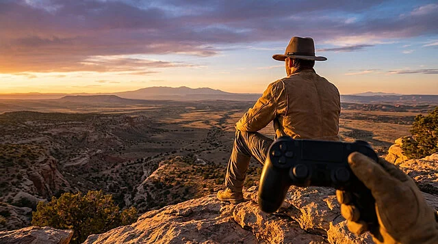 Immersive Horizon: Gaming and Grand Vista Person in hat and jacket views vast western sunset landscape from rocky peak, holding a game controller in foreground.