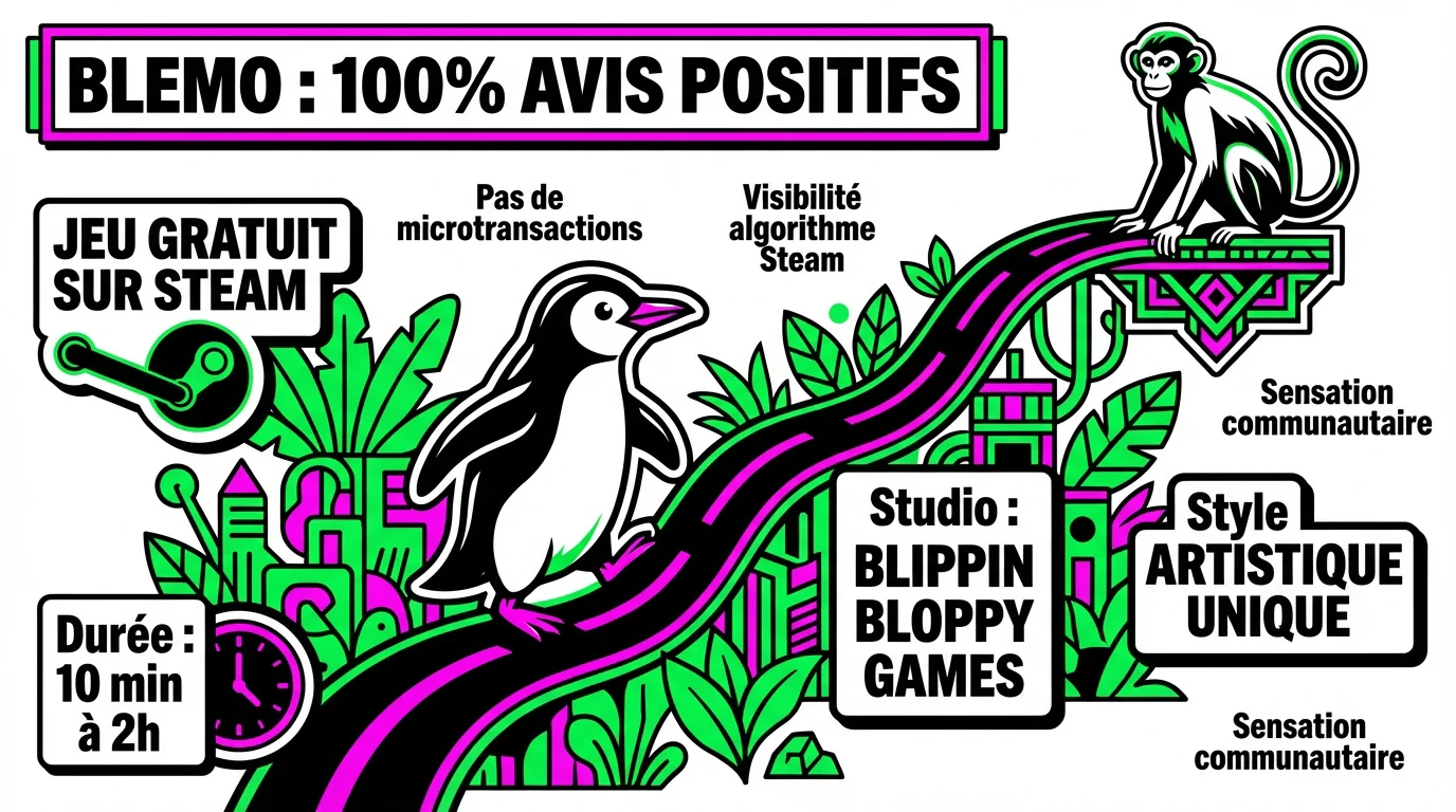 Infographie du jeu Blemo affichant 100 pourcent d'avis positifs sur Steam