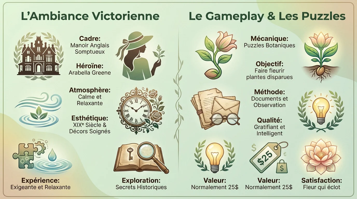 Aperçu de l'ambiance relaxante et des énigmes florales dans le jeu Botany Manor