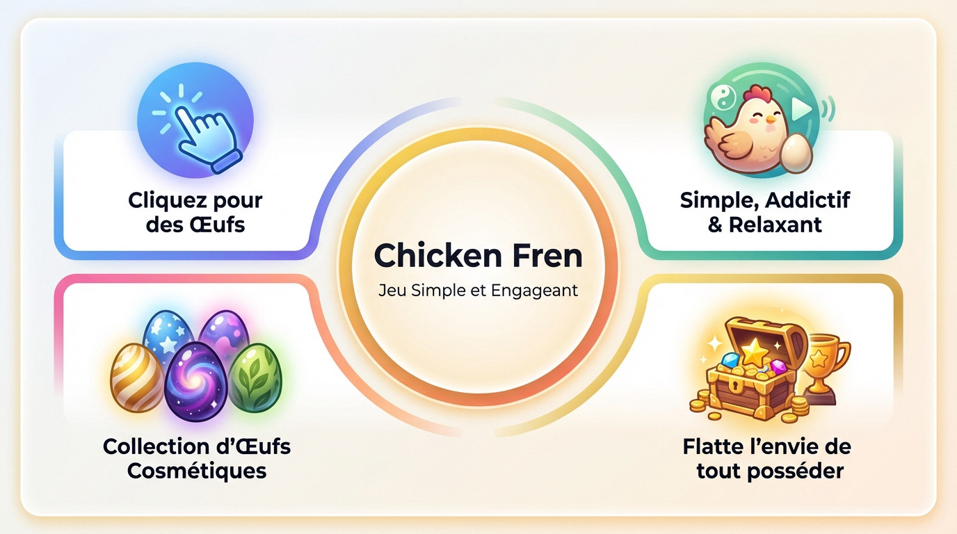 Infographie présentant Chicken Fren, un jeu idle simple et engageant sur Steam