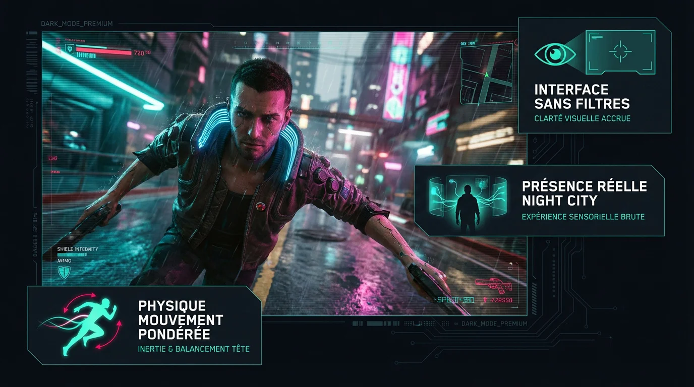 Infographie montrant l'immersion améliorée dans Cyberpunk 2077 avec le mod de vue subjective