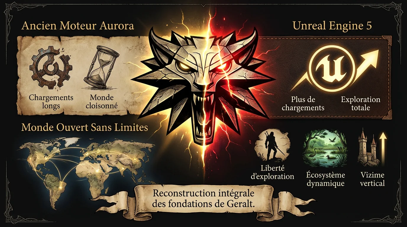 Infographie montrant l'évolution technique du moteur de jeu entre l'Aurora Engine et l'Unreal Engine 5 pour The Witcher