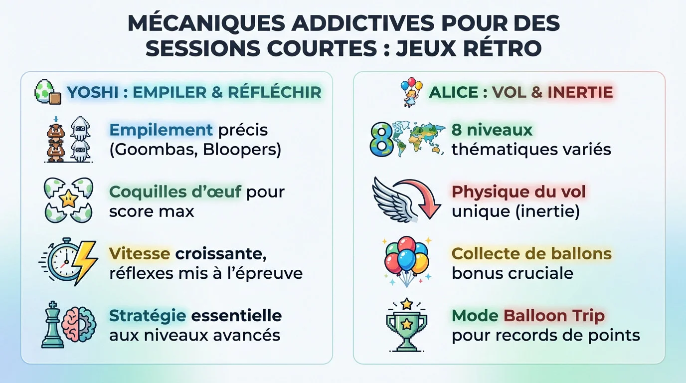 Infographie détaillant les mécaniques de jeu rétro de Yoshi et Balloon Kid sur Game Boy