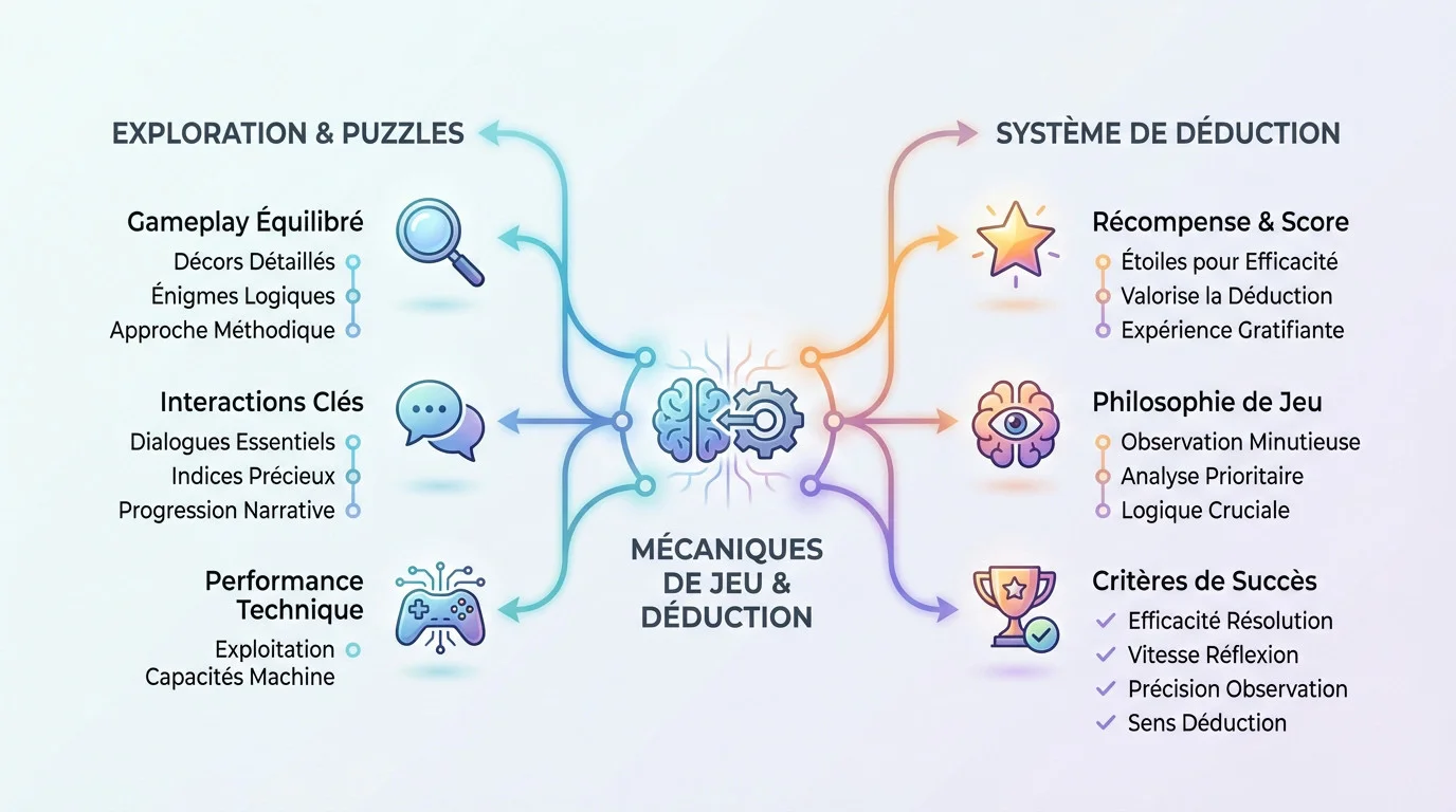 Infographie sur les mécaniques de jeu et le système de déduction d'Artifact Seekers