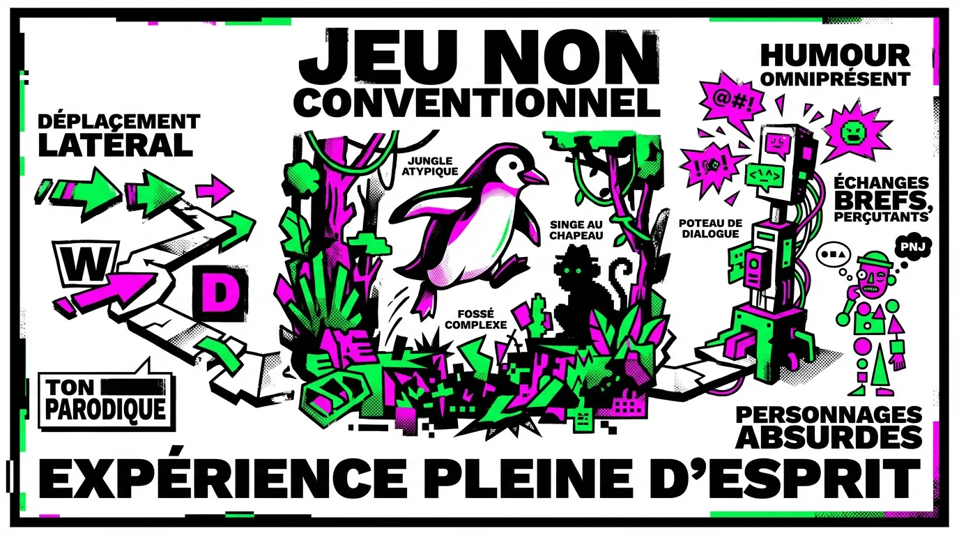 Infographie au style néo-brutaliste illustrant l'univers décalé du jeu Blemo