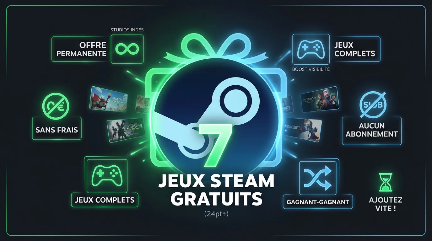 Infographie néon présentant les 7 jeux gratuits sur Steam sans abonnement