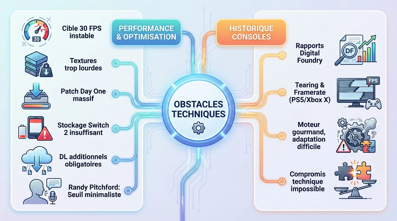 Infographie détaillant les obstacles techniques et les limitations de performance rencontrés par Borderlands 4 sur Switch 2