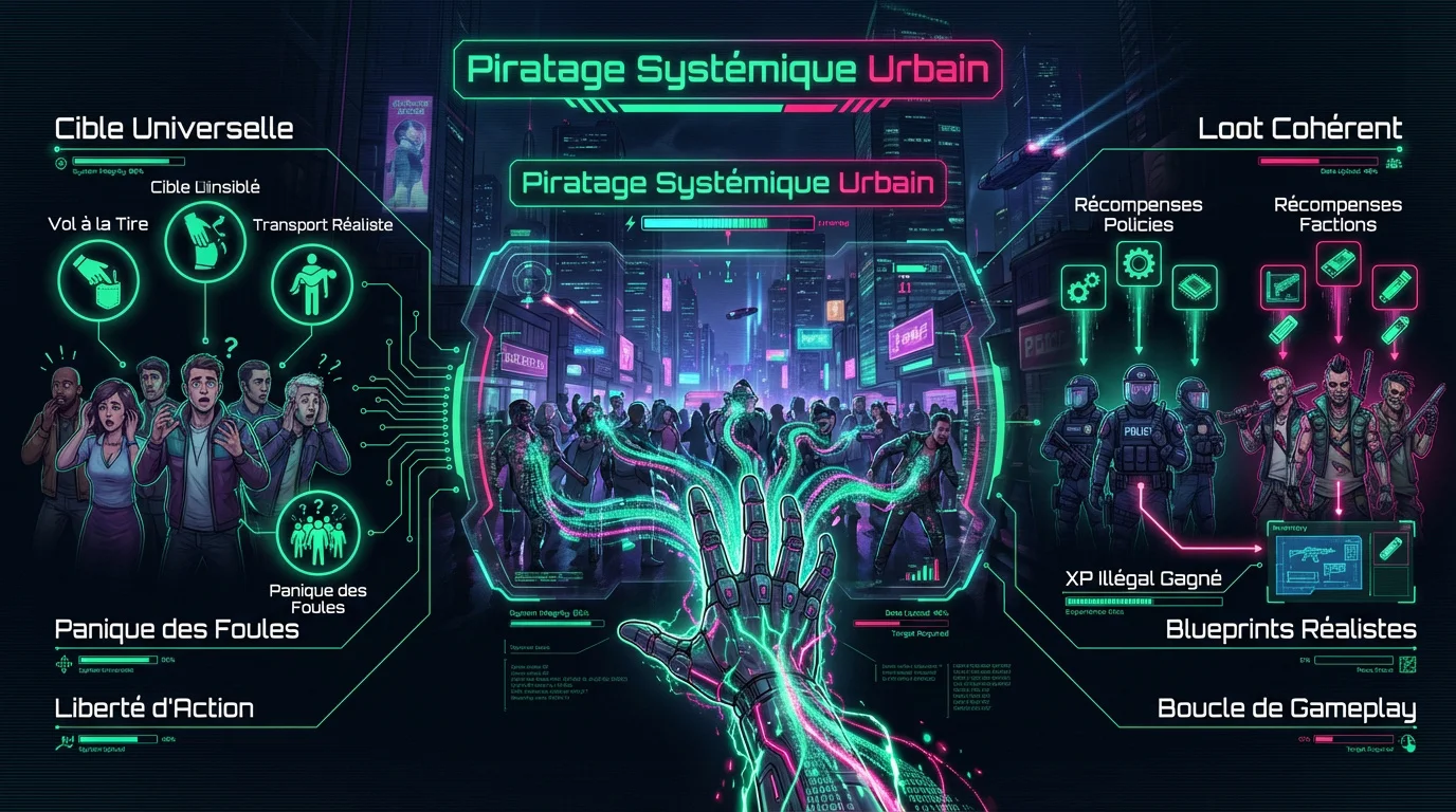 Infographie détaillant les mécaniques de piratage systémique des citoyens dans Cyberpunk 2077