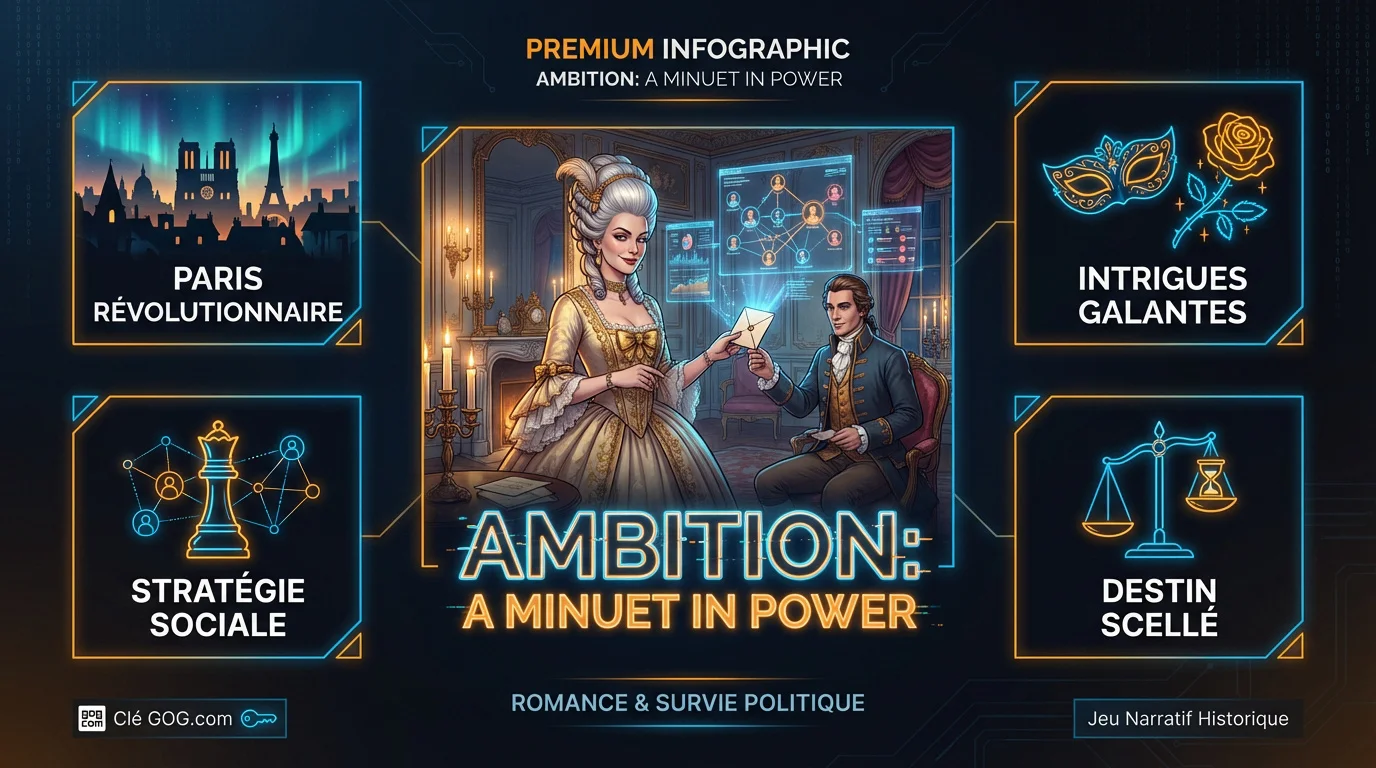 Infographie du jeu Ambition: A Minuet in Power illustrant les intrigues de la Révolution française