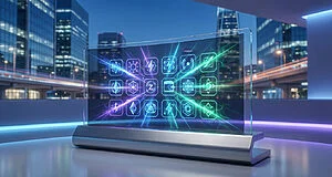 Écran holographique futuriste présente 16 icônes lumineuses (dont un "Z") pour Pokémon Legends ZA NSO, fond de ville nocturne.