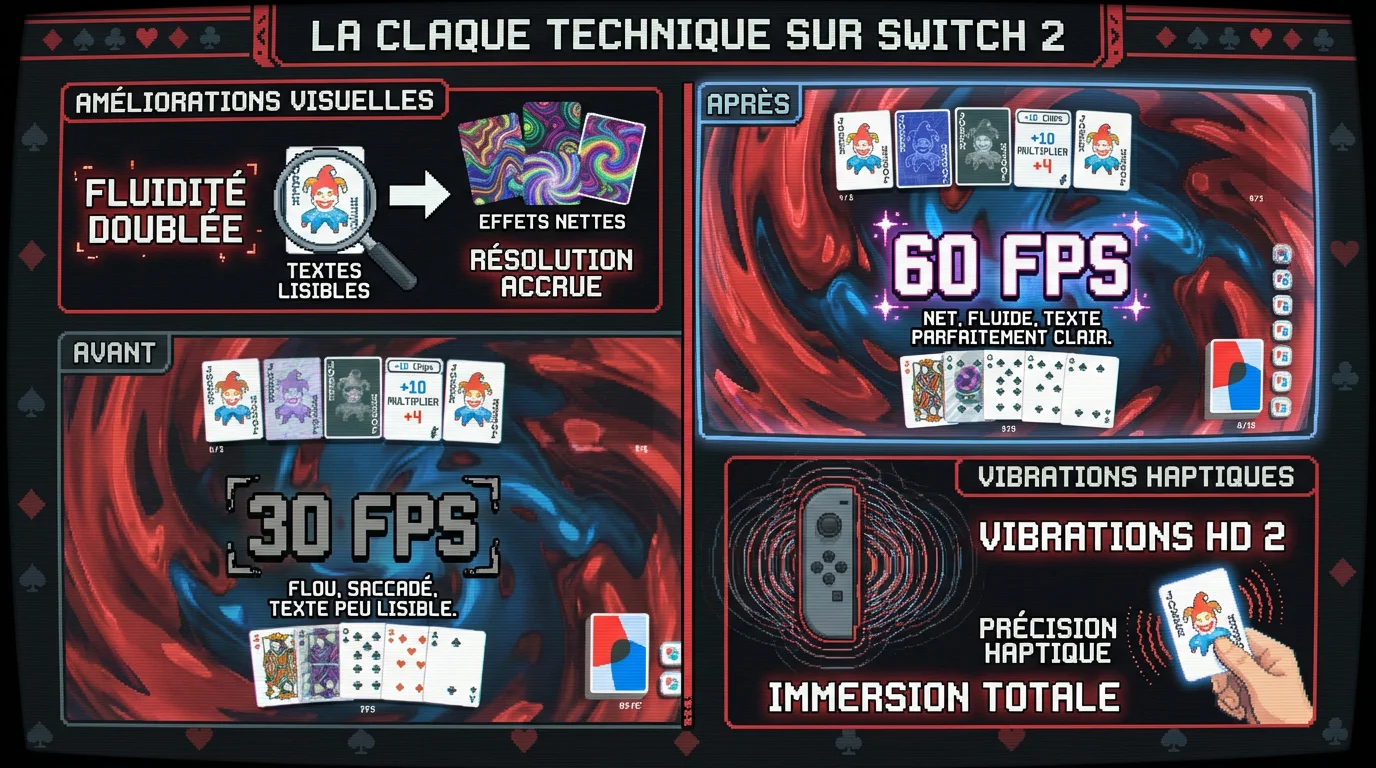 Le jeu Balatro affichant des graphismes nets et fluides sur l'écran de la Nintendo Switch 2