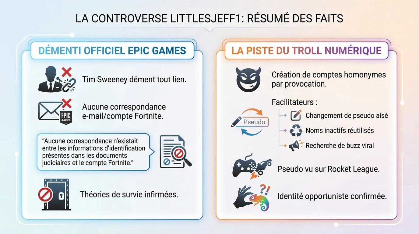Résumé visuel de la controverse littlestjeff1 et du démenti d'Epic Games
