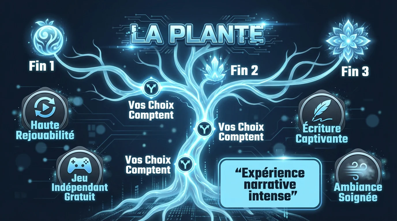 Infographie des choix narratifs et des trois fins du jeu La Plante