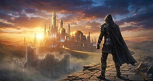 Vue arrière d'un personnage encapuchonné en armure sur un chemin, face à une cité futuriste lumineuse et un château en ruine au coucher du soleil.