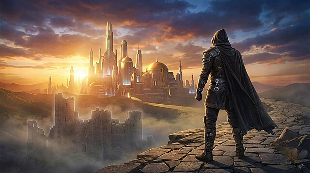 Un explorateur contemple la cité d'un monde fantastique Vue arrière d'un personnage encapuchonné en armure sur un chemin, face à une cité futuriste lumineuse et un château en ruine au coucher du soleil.