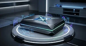 Console de jeu futuriste au design anguleux, éclairée par des lumières néon, avec affichages holographiques. L'année 2027 est visible en arrière-plan.