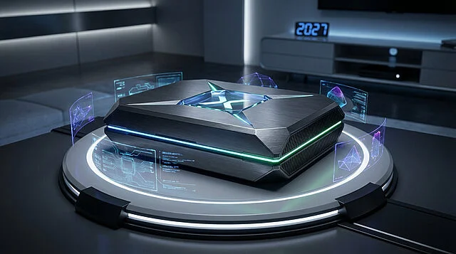 Projet Magnus 2027 : Une vision de la nouvelle Xbox Console de jeu futuriste au design anguleux, éclairée par des lumières néon, avec affichages holographiques. L'année 2027 est visible en arrière-plan.