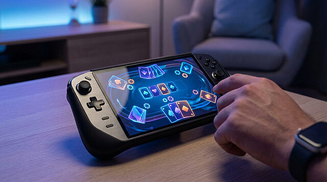 Balatro : Jeu de cartes sur console portable Main jouant à Balatro, un jeu de cartes numérique, sur une console portable moderne. L'écran affiche des cartes et jetons lumineux.