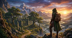 Un aventurier encapuchonné contemple un paysage fantastique avec montagnes enneigées, ruines et rivière au lever du soleil.