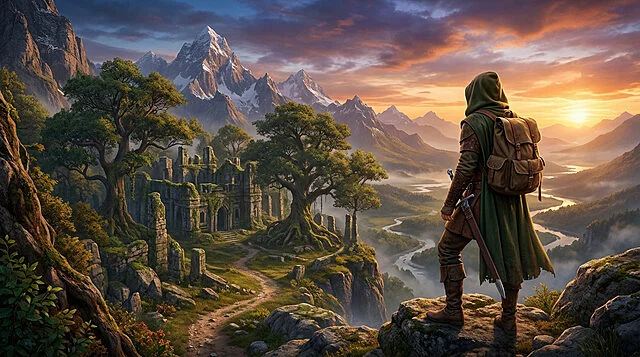 L'Aventure Commence: Retour au Style Classique Un aventurier encapuchonné contemple un paysage fantastique avec montagnes enneigées, ruines et rivière au lever du soleil.