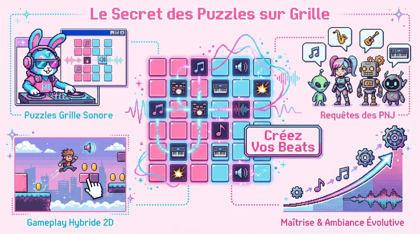 Interface de puzzle musical sur grille dans le jeu indépendant DJ Bunny