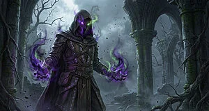 Illustration d'un démoniste encapuchonné aux yeux et aura violets, lançant un sort dans des ruines sombres.