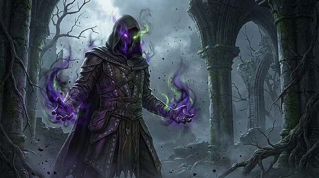 Le Démoniste : Magie Obscure dans les Ruines Illustration d'un démoniste encapuchonné aux yeux et aura violets, lançant un sort dans des ruines sombres.