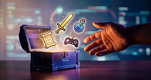 Main tendue vers une malle ouverte d'où s'échappent des objets de jeu pixelisés : épée, potion, manette et parchemin.