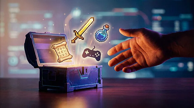 Débloquez des jeux gratuits GOG avec le code WELCOMEGIFT Main tendue vers une malle ouverte d'où s'échappent des objets de jeu pixelisés : épée, potion, manette et parchemin.