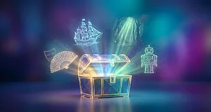 Coffre au trésor lumineux ouvert, d'où s'échappent des hologrammes : navire, forêt, masque, éventail, robot.