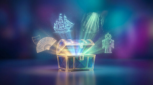 Pépites GOG de février avec Prime Gaming Coffre au trésor lumineux ouvert, d'où s'échappent des hologrammes : navire, forêt, masque, éventail, robot.